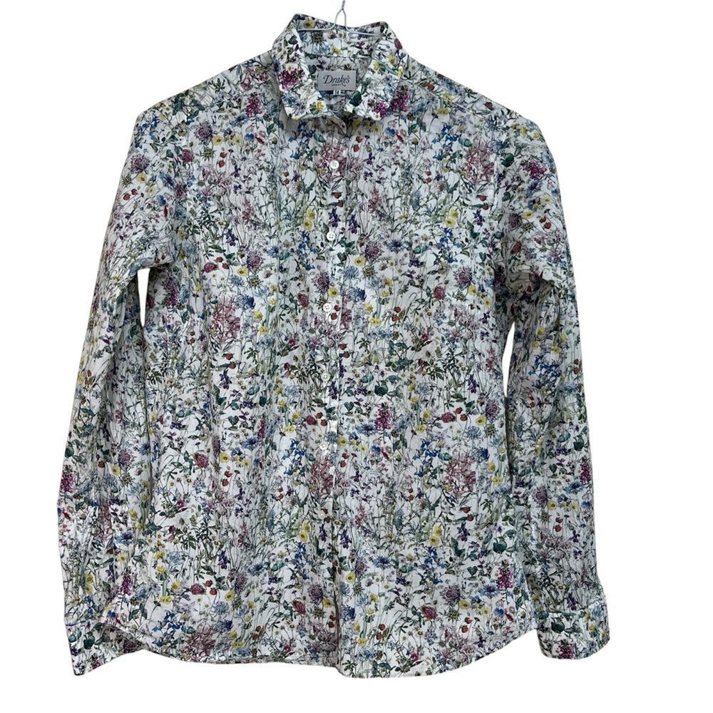 Drake’s London Women’s Button Front Shirt Oxford Botanical Print Sz 14 Peter Pan